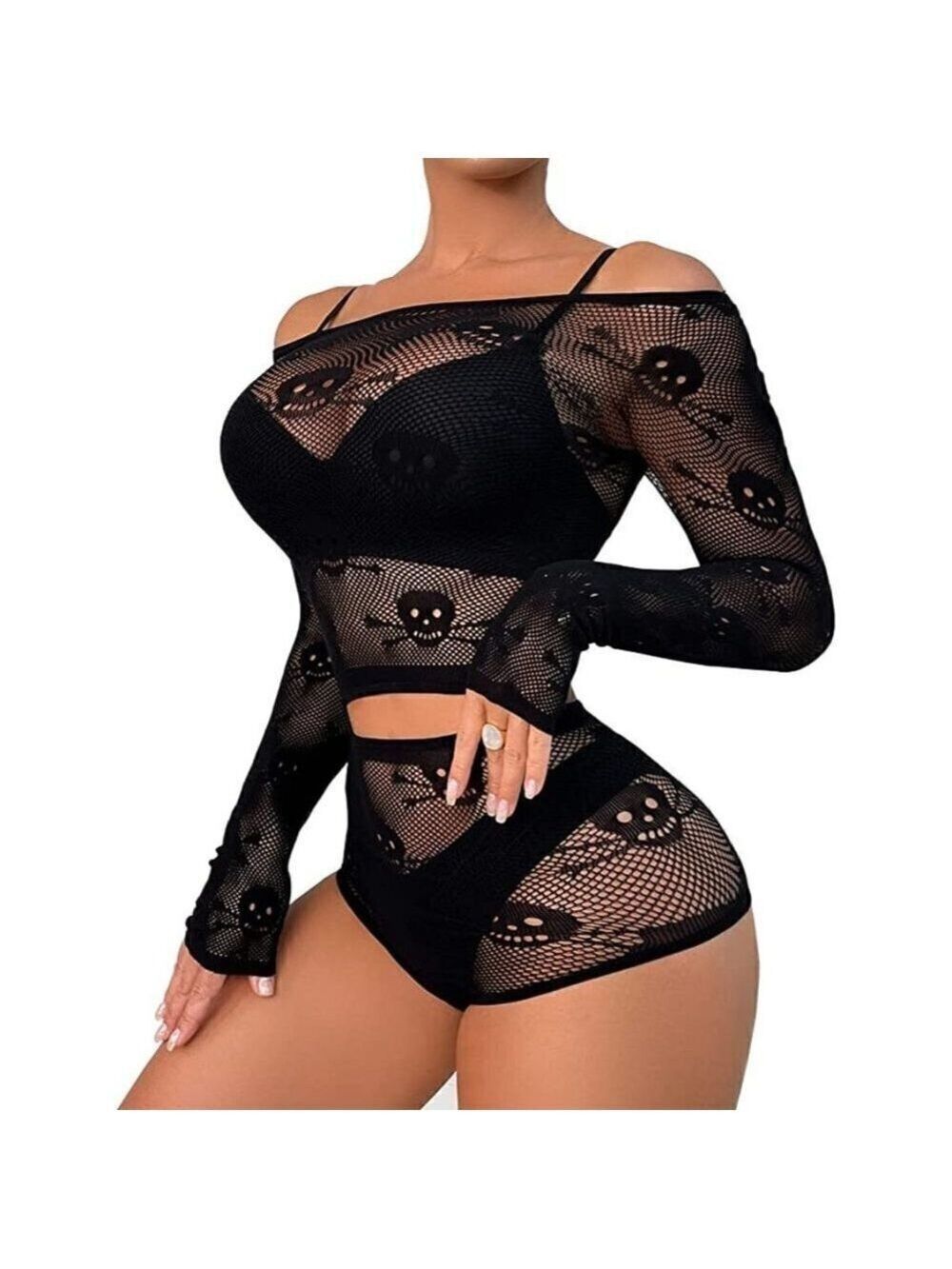 Fishnet chemise bodysuit dress lingerie set long sleeve sexy 2pc SKULLS HOT NWT